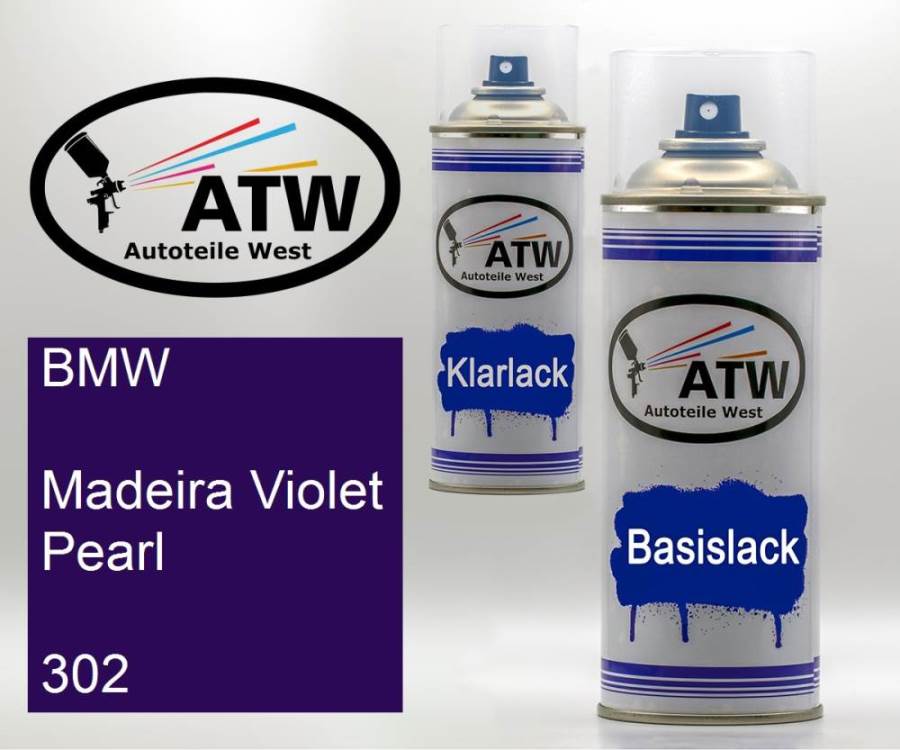 BMW, Madeira Violet Pearl, 302: 400ml Sprühdose + 400ml Klarlack - Set, von ATW Autoteile West.